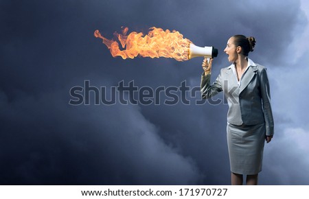 business woman cooks shouting into a megaphone, megaphone fire