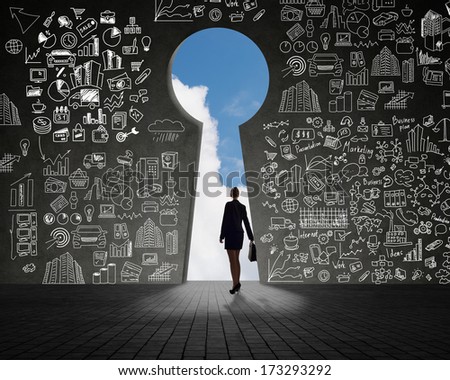 businesswoman standing at the exit, clouds and sky, painted on the wall of a business plan