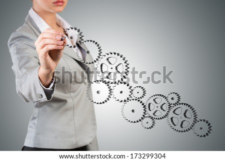 businesswoman drawing a sketch of the mechanism, create a successful business concept
