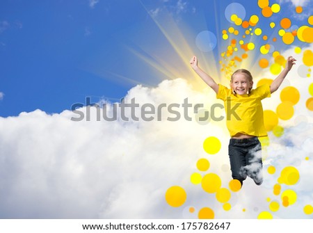 girl jumping around clouds and rays of light