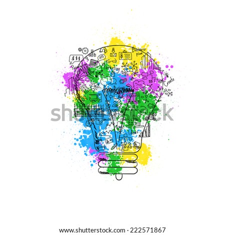 Sketch of light bulb and business ideas isolated on white