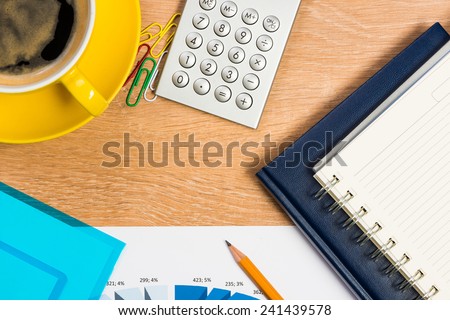 image of a cup of coffee, calculator, notepad and pencil. business still life