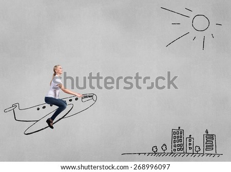 Business woman student or teacher sitting on drawn airplane