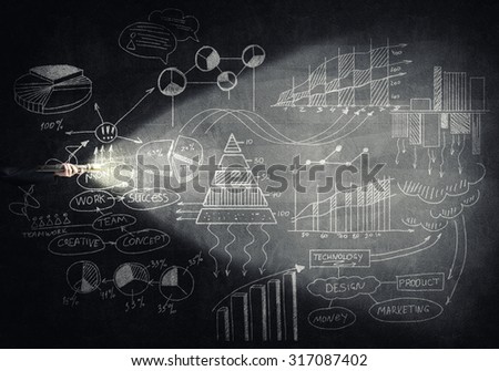 Close up of human hand with lantern and business sketches on wall