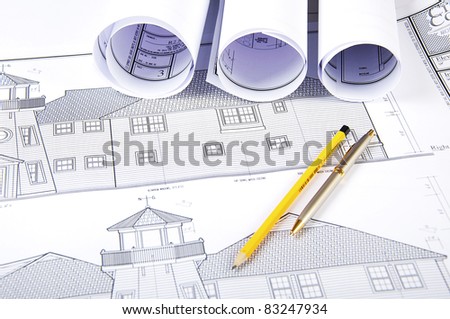 pencil, pen, papers and blueprint workplace engineer