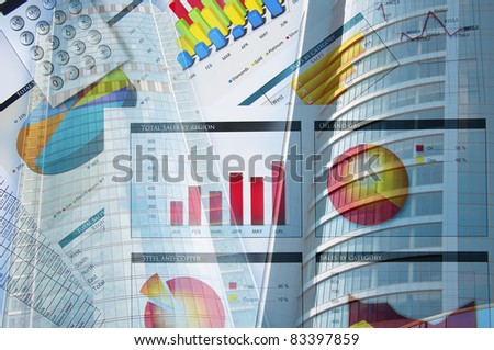 Office building and finance charts, business collage