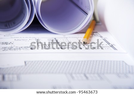 pencil, blueprints and documents, workplace building engineer