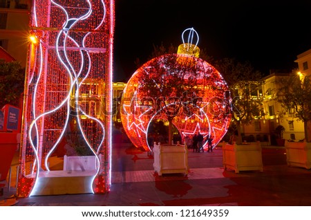 Christmas decoration and illumination in the place massena in Nice, France. Long time exposure. Unrecognizable faces.