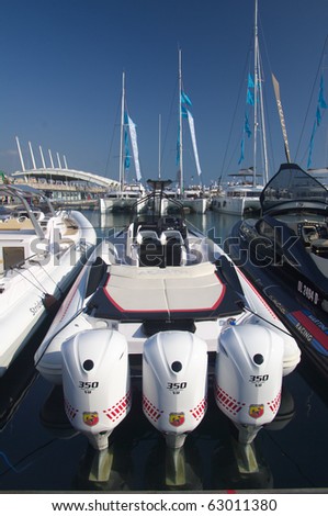 GENOA, ITALY  - OCTOBER 7: the 50th edition of the  boat\'s show. Here a fast a fast hard rubber dinghy with powefrful engine, 07 october 2010 in  Genoa  , Italy