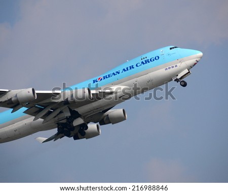 HONG KONG - August 10: Korean Air Cargo departure from Hong Kong International Airport on August 10, 2013 in Hong Kong. Korean Air is both the flag carrier and the largest airline of South Korea.