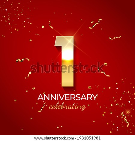 Anniversary celebration decoration. Golden number 1 with confetti, glitters and streamer ribbons on red background. Vector illustration EPS10