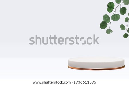 Realistic 3d  pedestal with eucalyptus leaves. Trendy empty podium display for ads cosmetic product presentation, fashion magazine. Copy space vector illustration EPS10