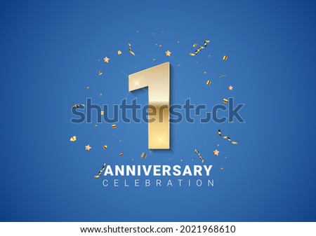 1 anniversary background with golden numbers, confetti, stars on bright blue background. Vector Illustration EPS10