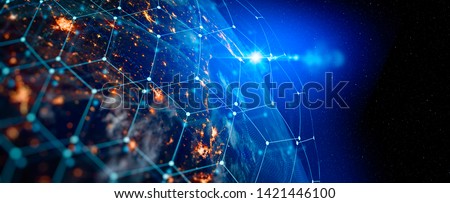 Communication technology for internet business. Global world network and telecommunication on earth cryptocurrency and blockchain and IoT. Elements of this image furnished by NASA Foto d'archivio © 