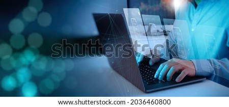 compliance rules and law regulation policy concept businessman working laptop computer on virtual screen, documents with checkbox lists Stockfoto © 