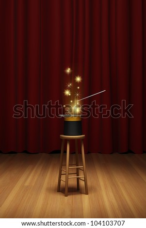 Magic hat on stool in spotlight on stage of the theater