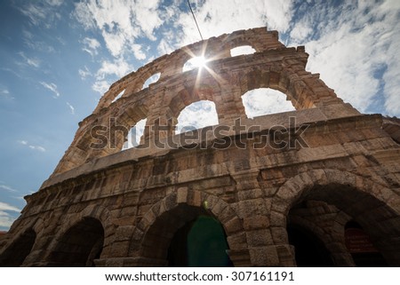 Verona amphitheatre, completed in 30AD, the third largest in the world, at dusk time. Roman Arena in Verona, Italy