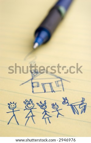 Closeup image of a sketch of a family and home with pen in background.