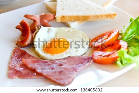 american breakfast with egg,ham,bread and sausage
