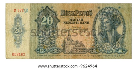 Green, shabby Hungarian banknote at 20 pengos, 1941 year; close-up Stock fotó © 