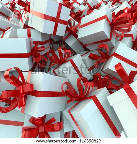 white gift boxes with red ribbons
