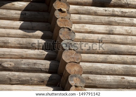 Part of a facade of the wooden house built of a rounded log