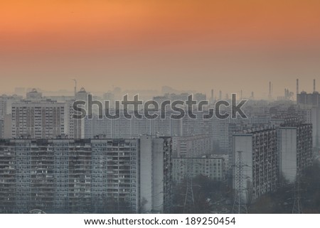 The region of ahigh-rise buildings estate in morning twilight at sunrise