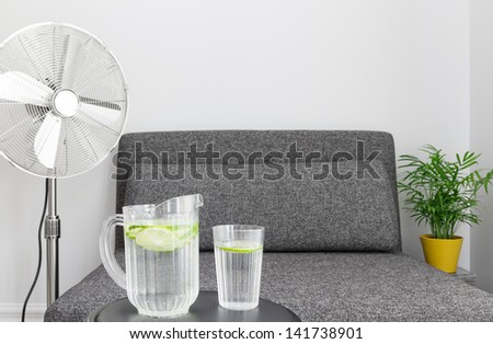 Electric fan near armchair, and some water to cool down.