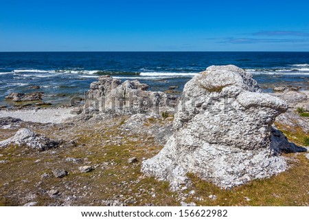 Rocky coast of FÃ?Â¥rÃ?Â¶ island in Gotland, Sweden. Rock formation reminding a head of a bird.