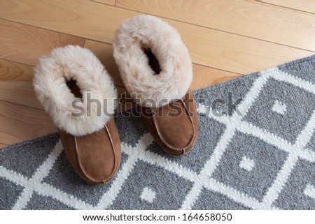 Warm comfortable slippers on a gray rug.