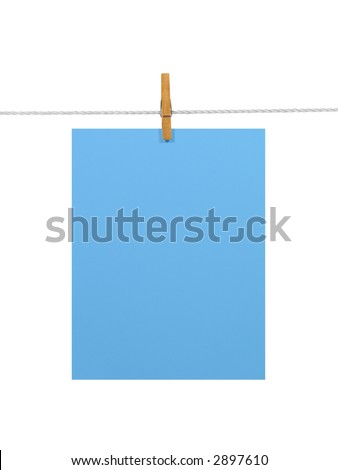 Blue blank paper sheet on a clothes line. Isolated on white background. Contains two clipping paths: 1) paper, clothes line and clothespin; 2) paper only