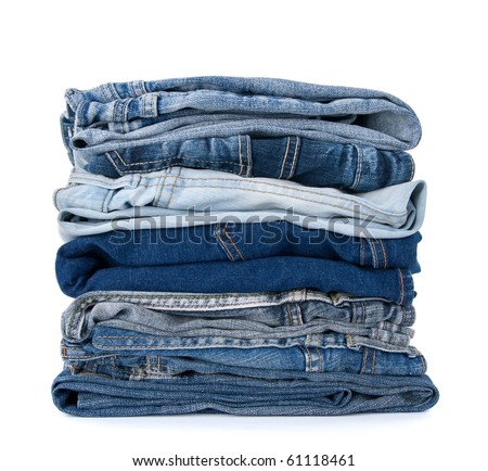 Stack Of Blue Denim Clothes On White Background, Jeans And Jacket ...