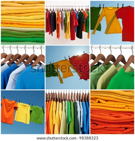 Variety of multicolored casual clothing and colorful laundry.
