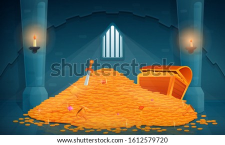 interior of the treasury in an old castle full of gold and jewels, vector illustration