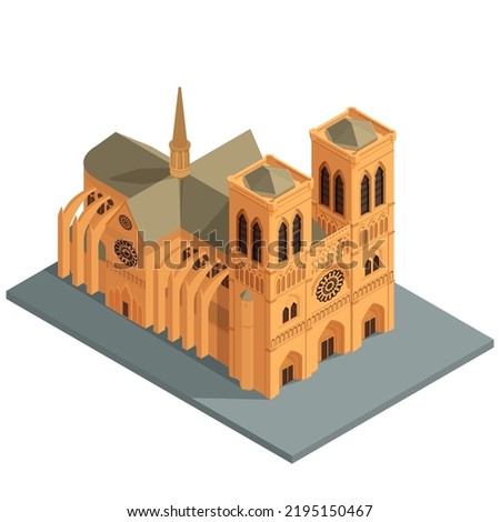 isometric cathedral of notre dame paris, vector illustration