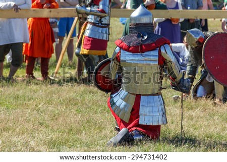 Vileyka, Belarus - July 4: Historical medieval festival honor ancestors Knight knee2015