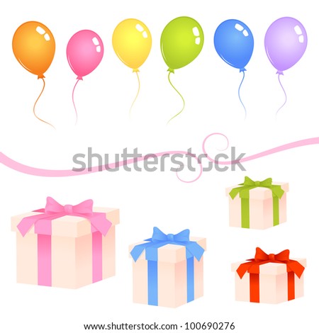 raster collection of colorful birthday theme illustrations - balloons and gift boxes with ribbon