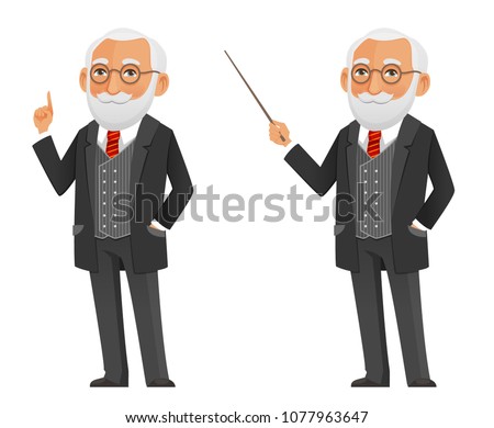 funny cartoon professor or scientist in a elegant black suit, holding a pointer. Serious old man, presenting or teaching.