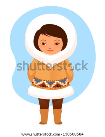 Colorful Cartoon Illustration Of A Cute Small Inuit Girl In Traditional ...