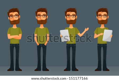 Cute Cartoon Guy With Beard And Glasses, In Various Poses Stock Vector ...