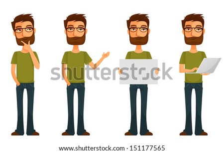 Cute Cartoon Character - Young Man With Beard And Glasses, In Various ...