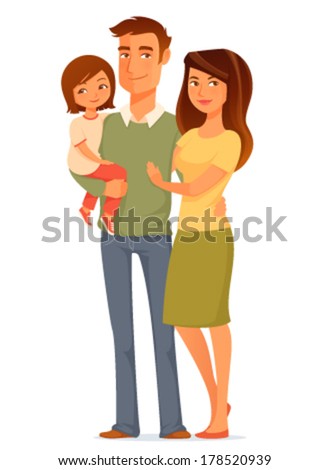 cute cartoon illustration of a happy young family. Beautiful woman and man, holding their child. Parenthood or family concept. Cartoon character. Isolated on white.