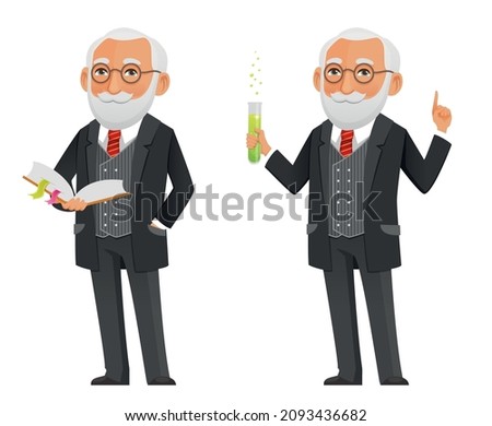 funny cartoon professor or scientist, holding a book and a laboratory tube. Cute senior man, in elegant black suit. Cartoon character. Isolated.