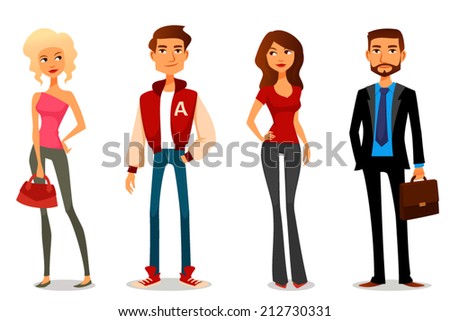 illustration of young people in casual street fashion, teenagers or students. Young women and men. Group of people, friends or family members. Cartoon character. Isolated on white. Vector eps file.