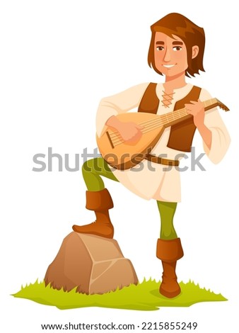 illustration of a handsome medieval bard, singing and playing lute. Cute cartoon character suitable for fantasy gaming studio website, isolated on white.