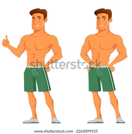 handsome young man in sport outfit, giving thumbs up and showing off his muscles. Healthy lifestyle and fitness concept. Cartoon character. Isolated on white.