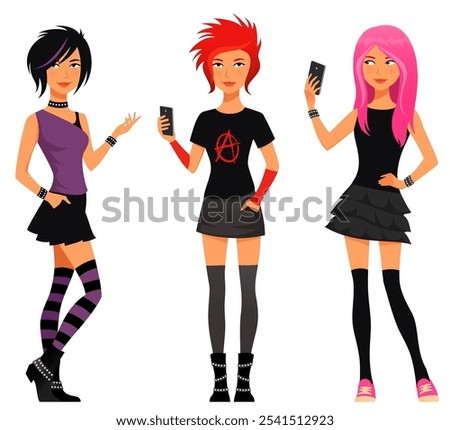 funny illustration of young women wearing emo or punk fashion. Teenage girls with black, red or pink hair using cell phone or taking selfie, young fashion icons or influencers. Isolated on white.