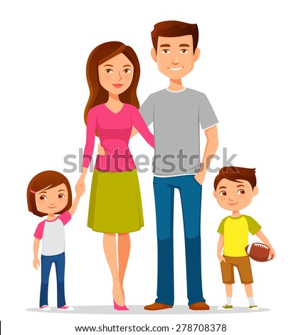 cute cartoon family in colorful casual clothes. Young parents with two children. Happy family concept. Isolated on white.