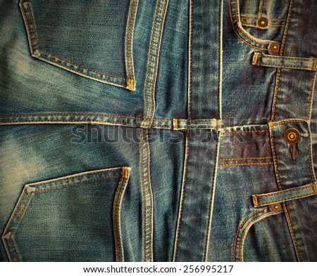 fashion blue jeans in stack. instagram image retro style