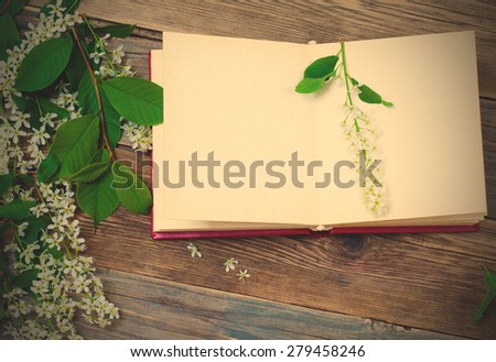 open book with bird-cherry branches on old surface boards. instagram image filter retro style